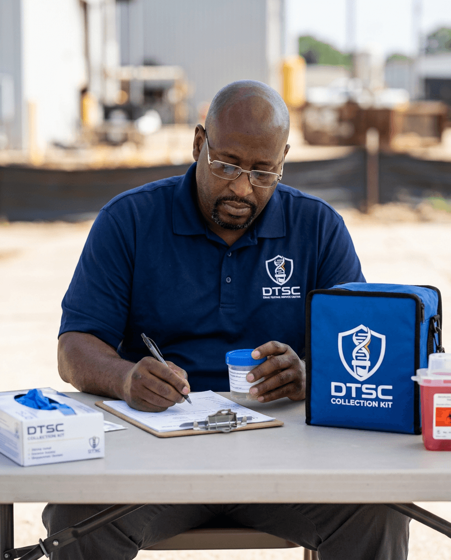 DTSC collector performing on-site drug testing at a job site